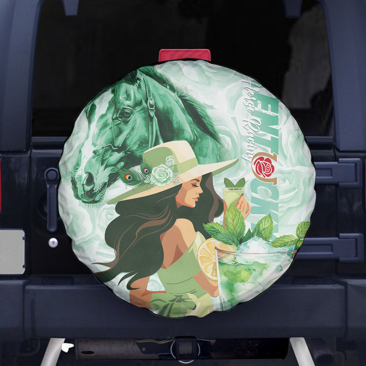 Kentucky Horse Racing Spare Tire Cover Fancy Lady With Derby Mint Julep Cocktail - Wonder Print Shop