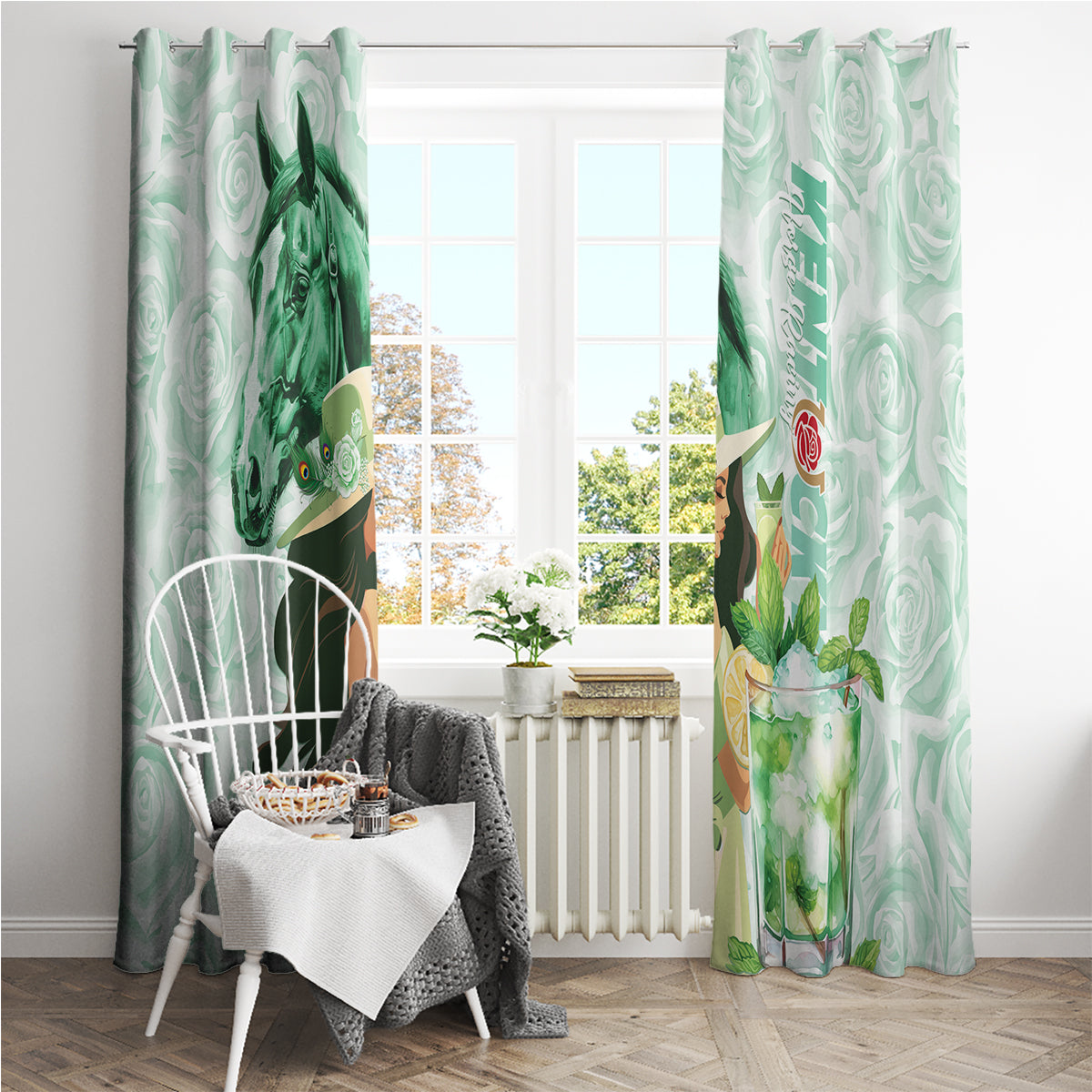 Kentucky Horse Racing Window Curtain Fancy Lady With Derby Mint Julep Cocktail - Wonder Print Shop