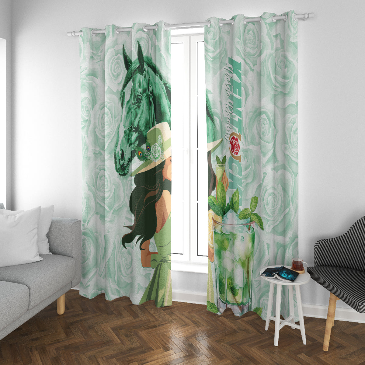 Kentucky Horse Racing Window Curtain Fancy Lady With Derby Mint Julep Cocktail - Wonder Print Shop