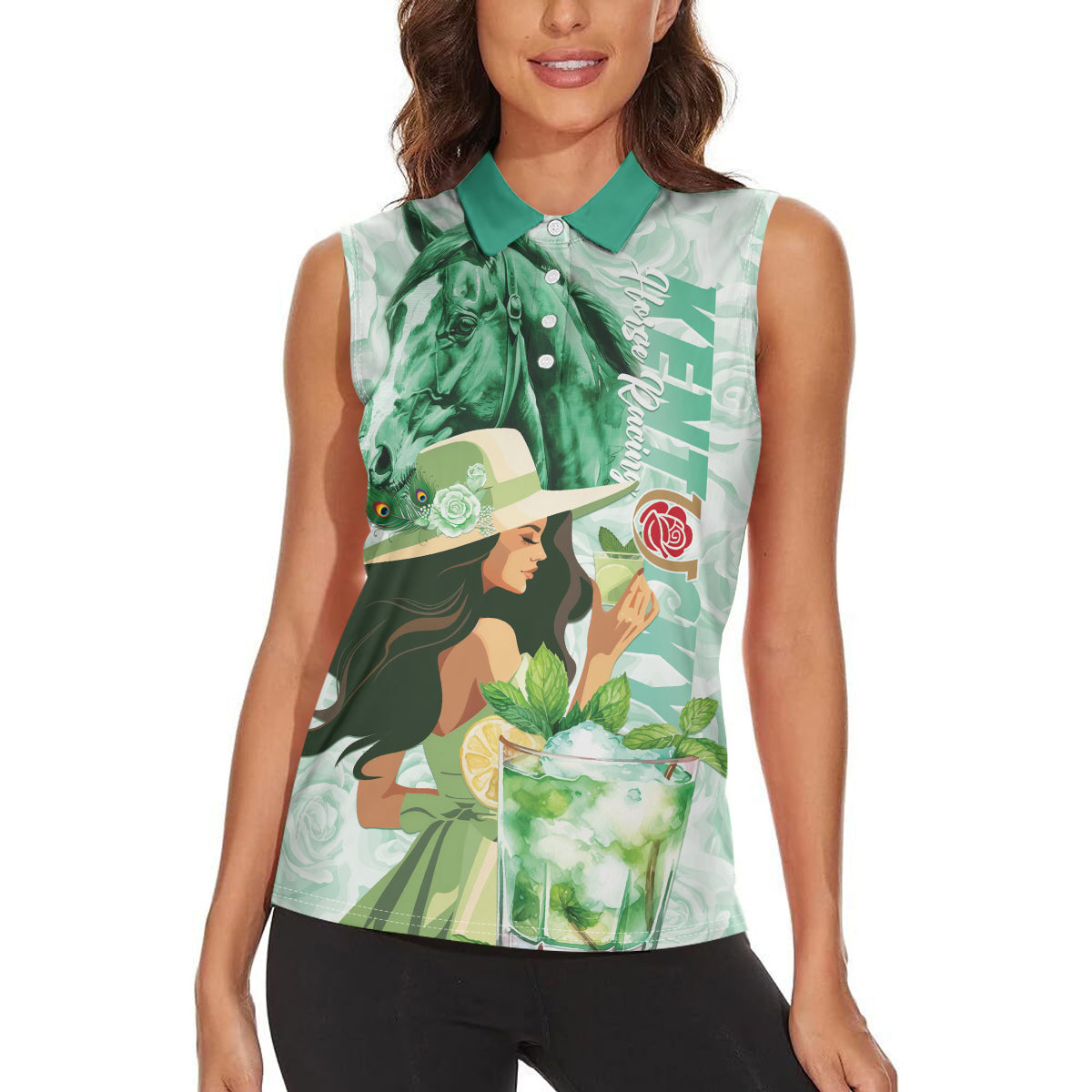 Kentucky Horse Racing Women Sleeveless Polo Shirt Fancy Lady With Derby Mint Julep Cocktail - Wonder Print Shop