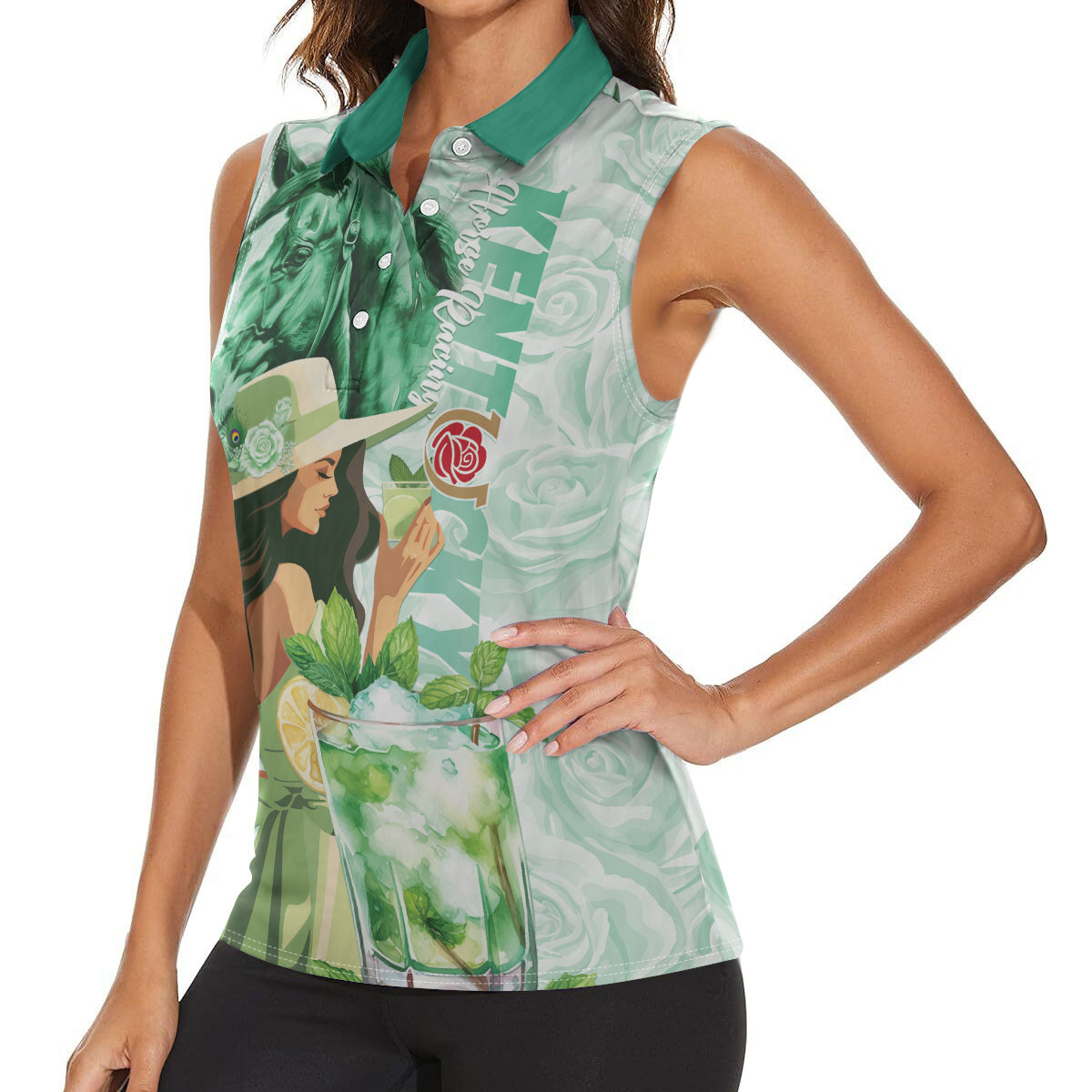 Kentucky Horse Racing Women Sleeveless Polo Shirt Fancy Lady With Derby Mint Julep Cocktail - Wonder Print Shop