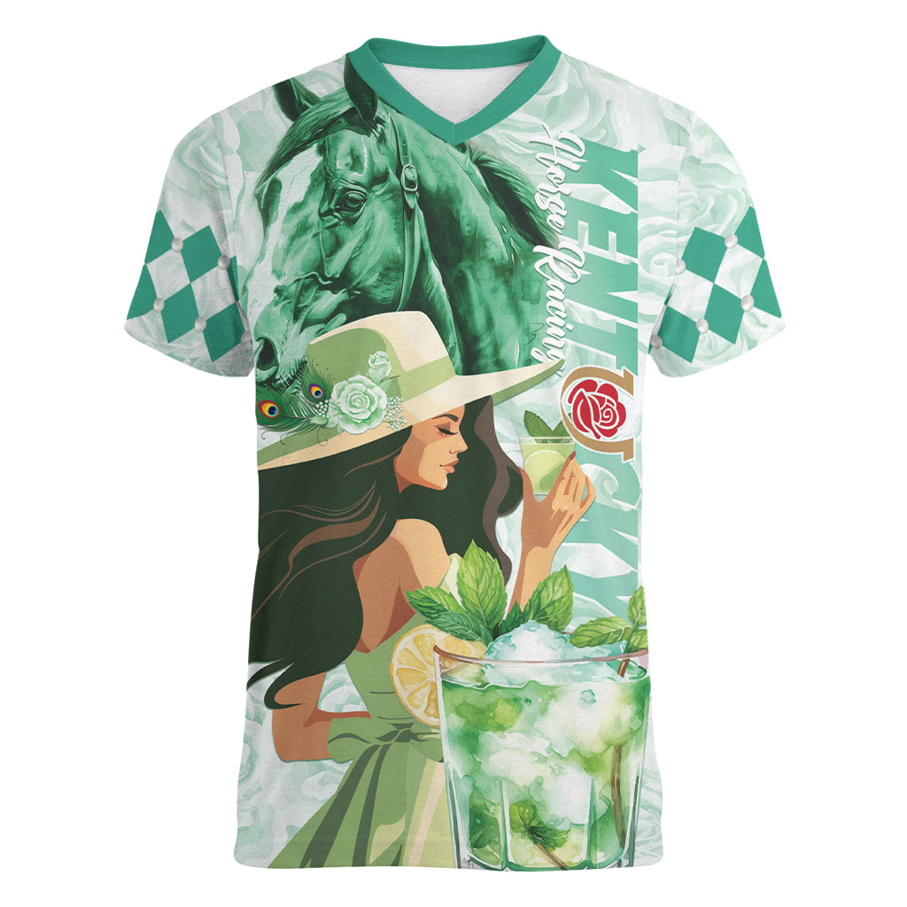 Kentucky Horse Racing Women V-Neck T-Shirt Fancy Lady With Derby Mint Julep Cocktail - Wonder Print Shop