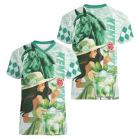 Kentucky Horse Racing Women V-Neck T-Shirt Fancy Lady With Derby Mint Julep Cocktail - Wonder Print Shop