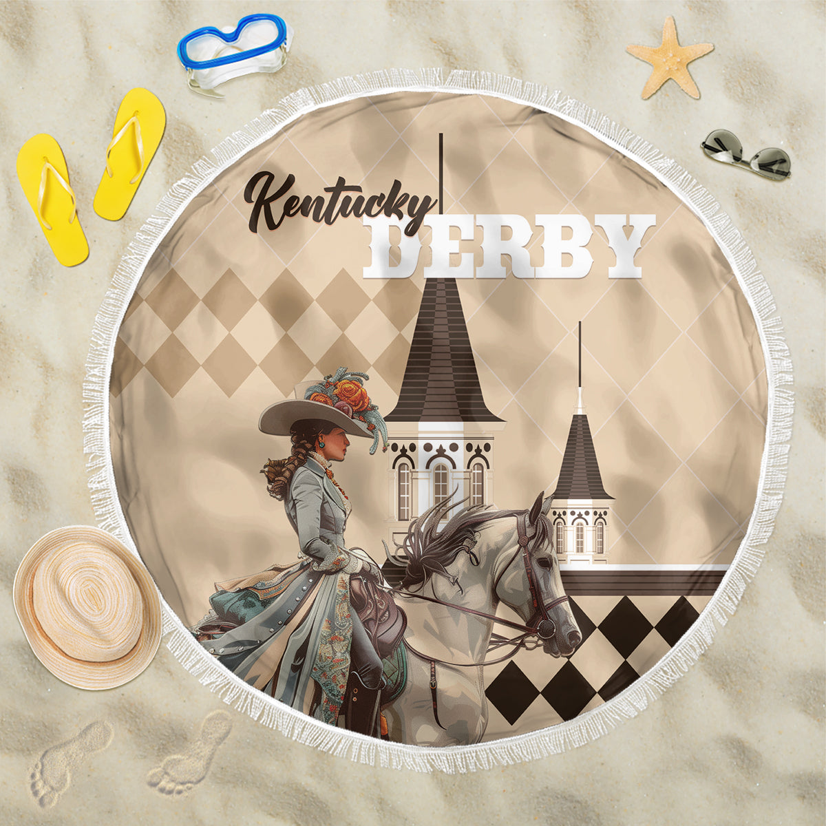 Kentucky Horse Racing Beach Blanket Derby Lady Riding Horse Twin Spires - Wonder Print Shop