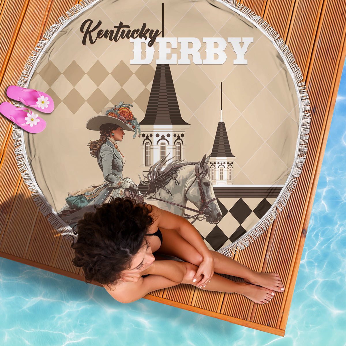 Kentucky Horse Racing Beach Blanket Derby Lady Riding Horse Twin Spires - Wonder Print Shop