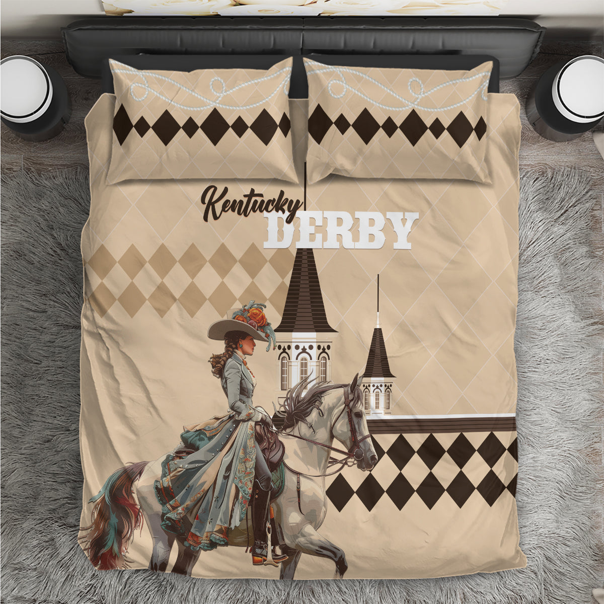 Kentucky Horse Racing Bedding Set Derby Lady Riding Horse Twin Spires