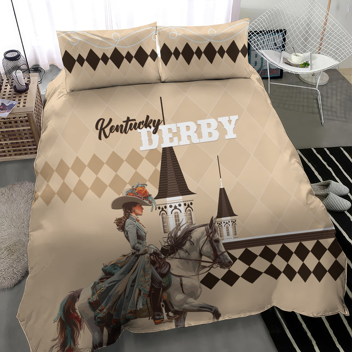 Kentucky Horse Racing Bedding Set Derby Lady Riding Horse Twin Spires - Wonder Print Shop
