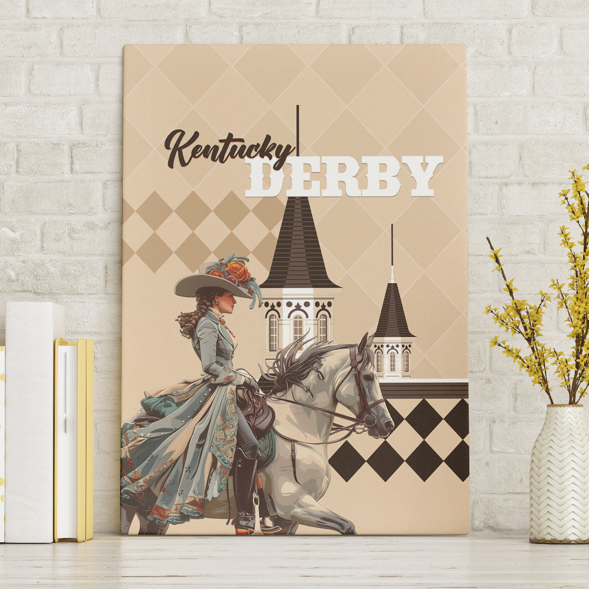 Kentucky Horse Racing Canvas Wall Art Derby Lady Riding Horse Twin Spires - Wonder Print Shop