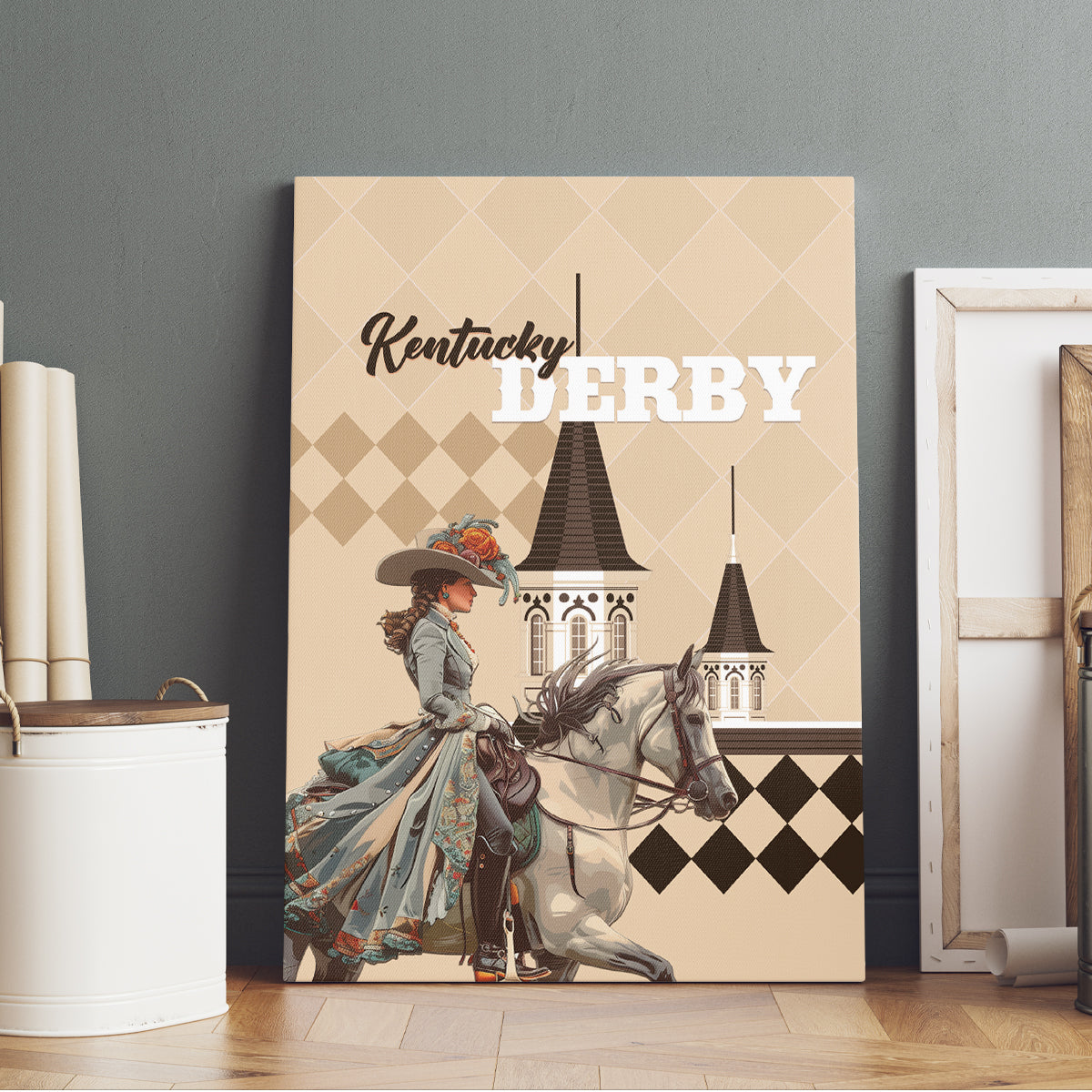 Kentucky Horse Racing Canvas Wall Art Derby Lady Riding Horse Twin Spires - Wonder Print Shop