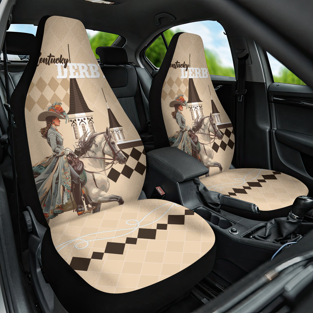 Kentucky Horse Racing Car Seat Cover Derby Lady Riding Horse Twin Spires