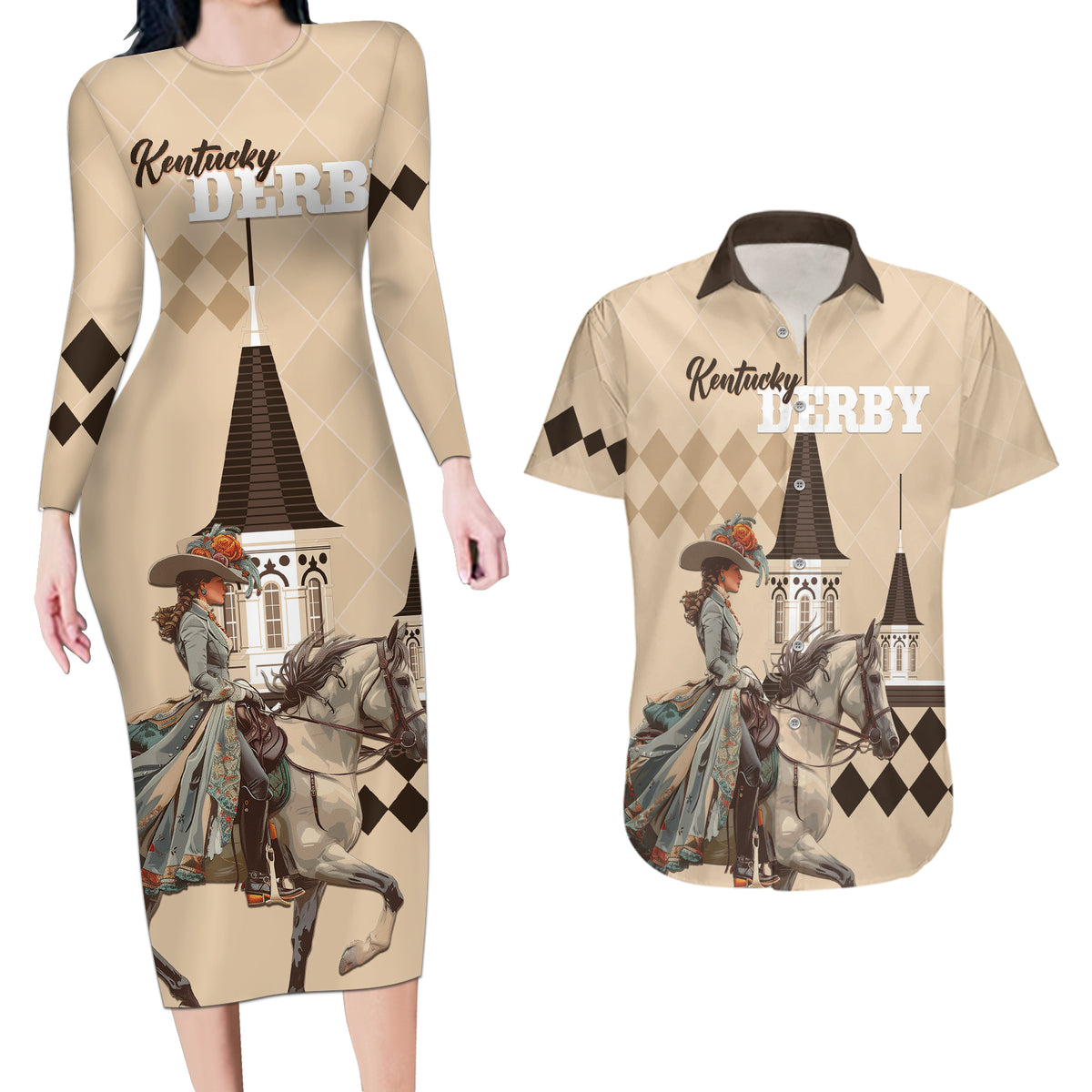 Personalized Kentucky Horse Racing Couples Matching Long Sleeve Bodycon Dress and Hawaiian Shirt Derby Lady Riding Horse Twin Spires - Wonder Print Shop