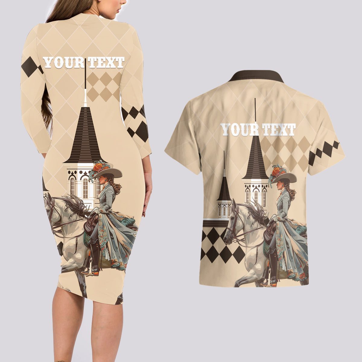 Personalized Kentucky Horse Racing Couples Matching Long Sleeve Bodycon Dress and Hawaiian Shirt Derby Lady Riding Horse Twin Spires - Wonder Print Shop