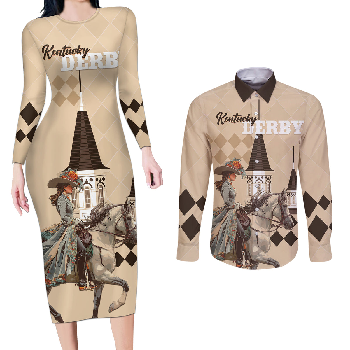Personalized Kentucky Horse Racing Couples Matching Long Sleeve Bodycon Dress and Long Sleeve Button Shirt Derby Lady Riding Horse Twin Spires - Wonder Print Shop