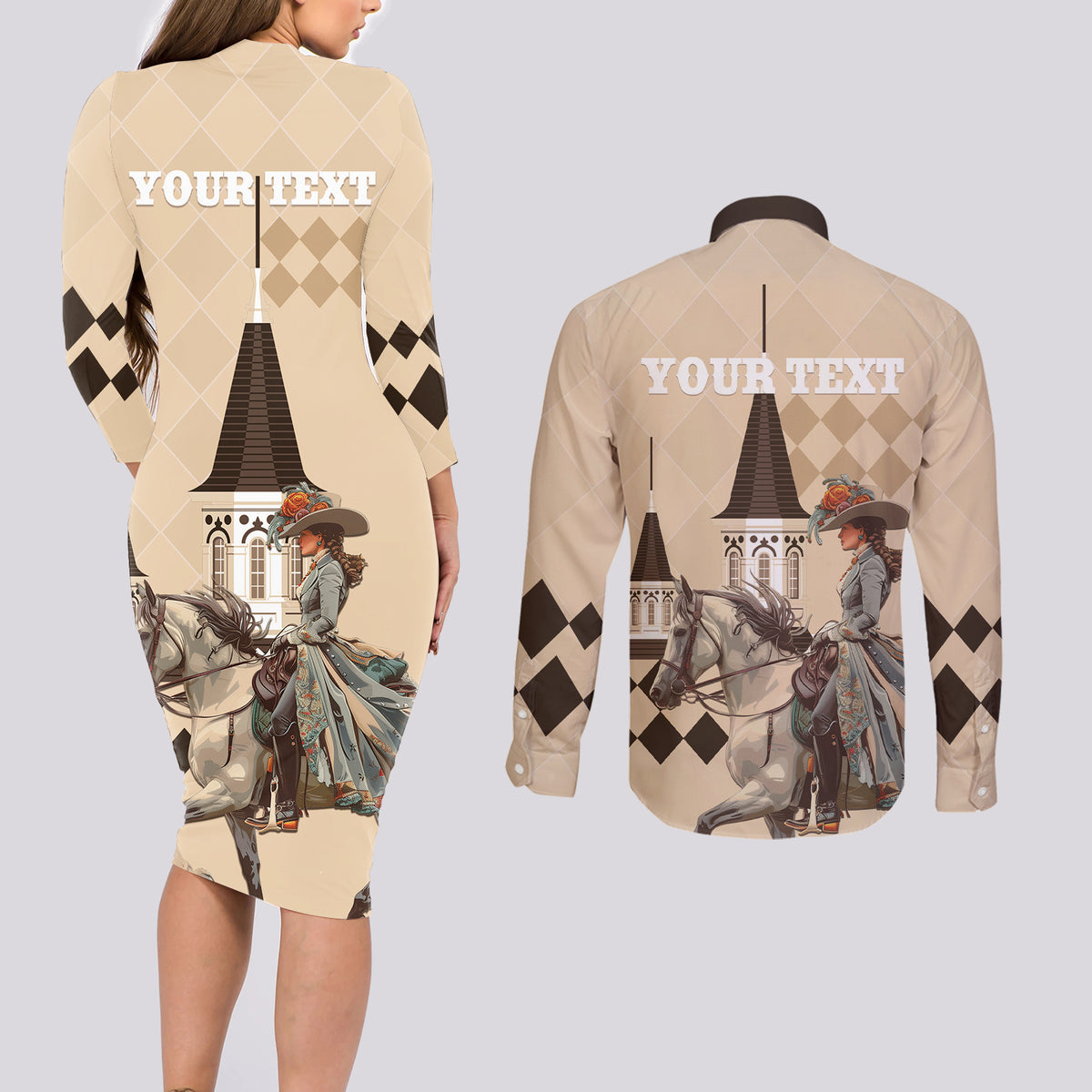 Personalized Kentucky Horse Racing Couples Matching Long Sleeve Bodycon Dress and Long Sleeve Button Shirt Derby Lady Riding Horse Twin Spires - Wonder Print Shop