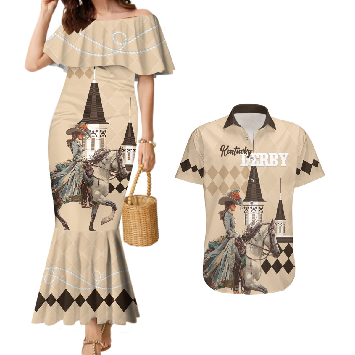 Personalized Kentucky Horse Racing Couples Matching Mermaid Dress and Hawaiian Shirt Derby Lady Riding Horse Twin Spires - Wonder Print Shop
