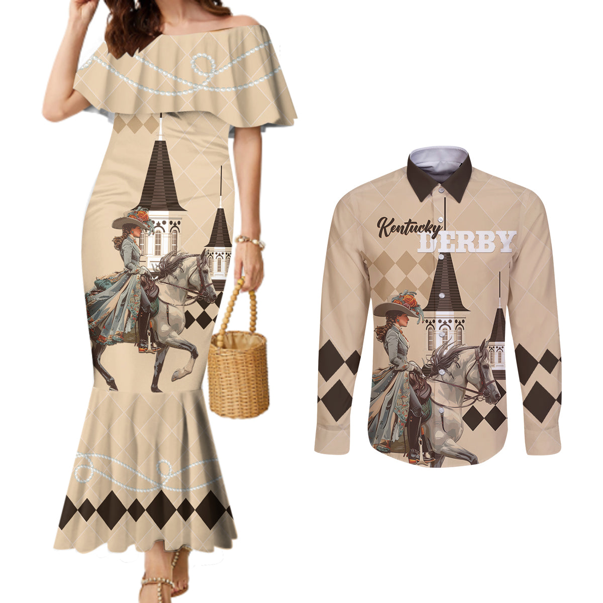 Personalized Kentucky Horse Racing Couples Matching Mermaid Dress and Long Sleeve Button Shirt Derby Lady Riding Horse Twin Spires LT01