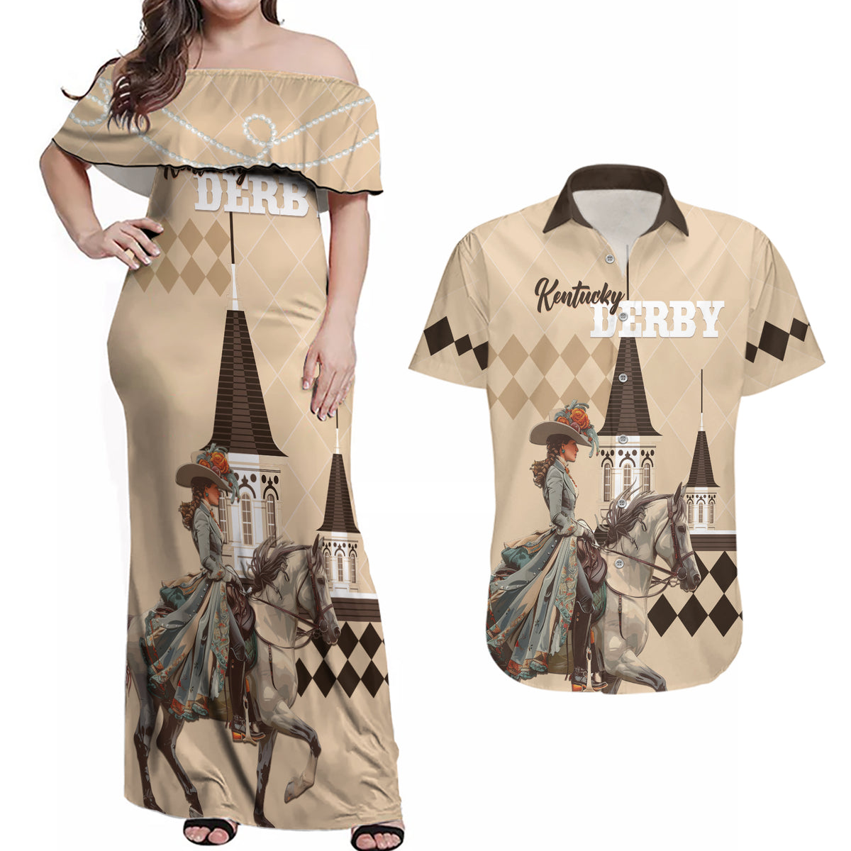 Personalized Kentucky Horse Racing Couples Matching Off Shoulder Maxi Dress and Hawaiian Shirt Derby Lady Riding Horse Twin Spires - Wonder Print Shop
