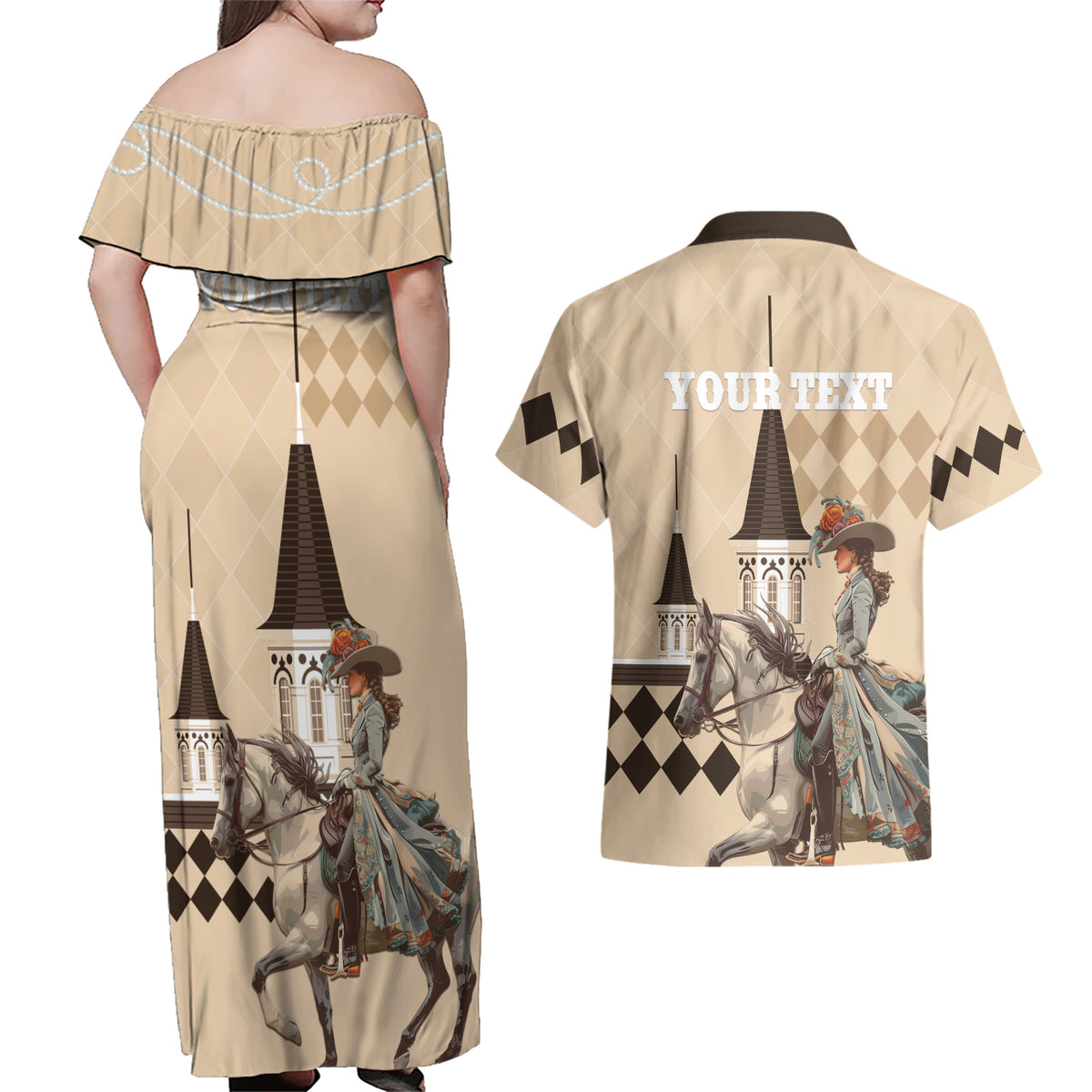 Personalized Kentucky Horse Racing Couples Matching Off Shoulder Maxi Dress and Hawaiian Shirt Derby Lady Riding Horse Twin Spires - Wonder Print Shop