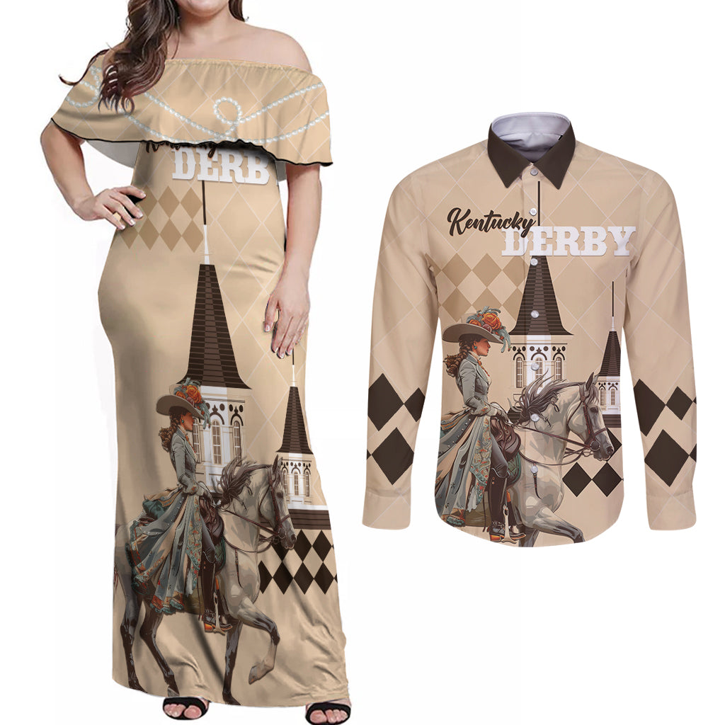 Personalized Kentucky Horse Racing Couples Matching Off Shoulder Maxi Dress and Long Sleeve Button Shirt Derby Lady Riding Horse Twin Spires - Wonder Print Shop