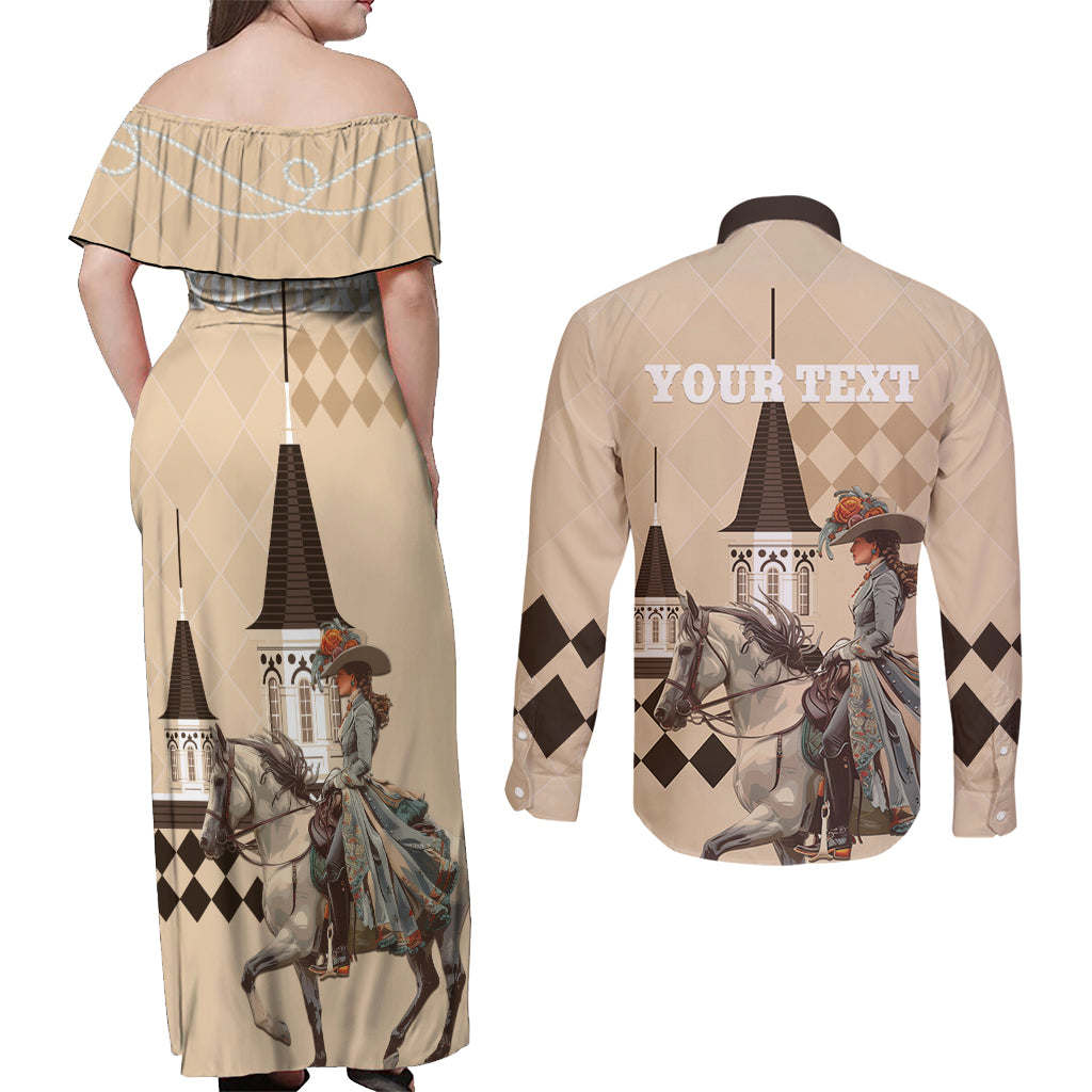 Personalized Kentucky Horse Racing Couples Matching Off Shoulder Maxi Dress and Long Sleeve Button Shirt Derby Lady Riding Horse Twin Spires - Wonder Print Shop