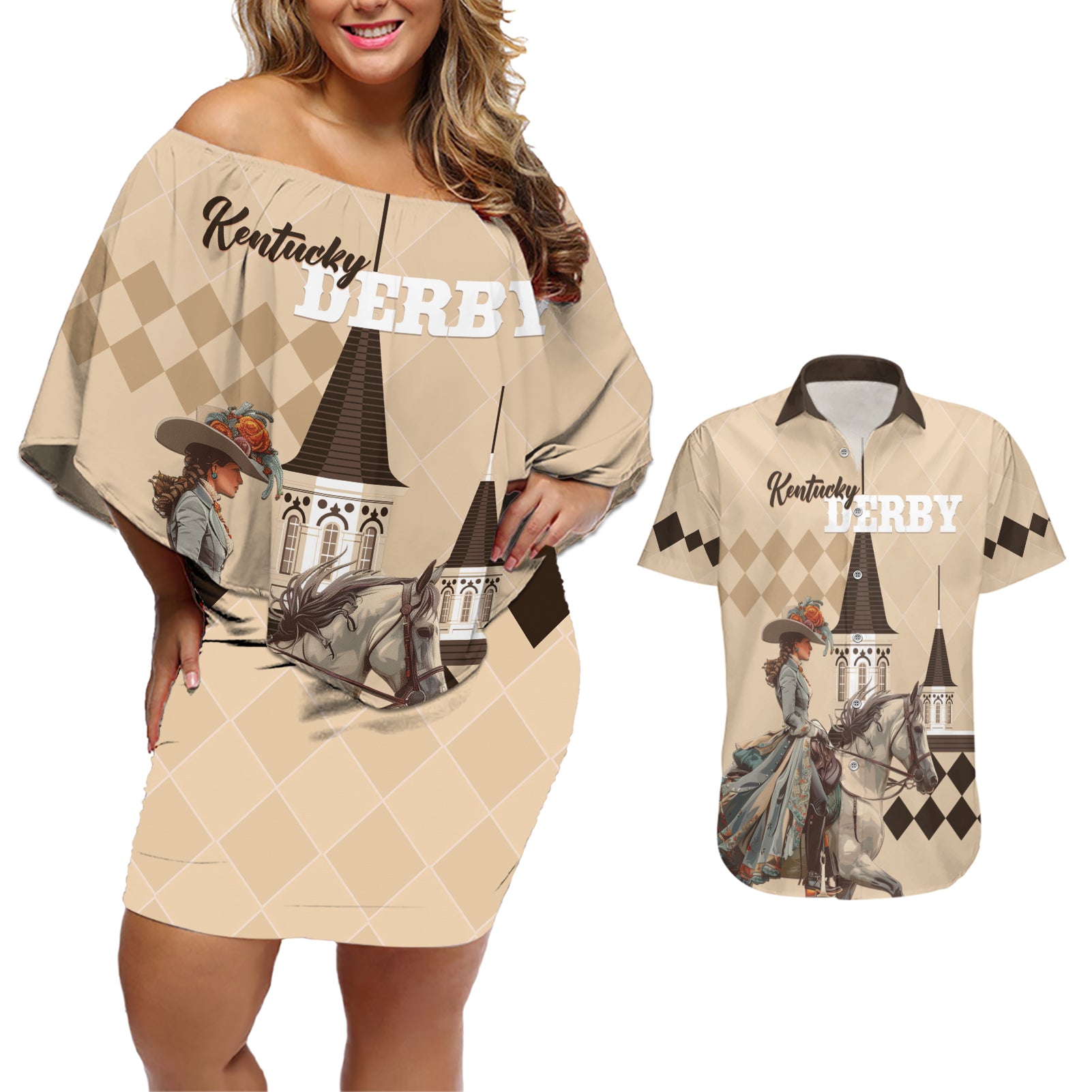 Personalized Kentucky Horse Racing Couples Matching Off Shoulder Short Dress and Hawaiian Shirt Derby Lady Riding Horse Twin Spires - Wonder Print Shop