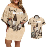Personalized Kentucky Horse Racing Couples Matching Off Shoulder Short Dress and Hawaiian Shirt Derby Lady Riding Horse Twin Spires - Wonder Print Shop