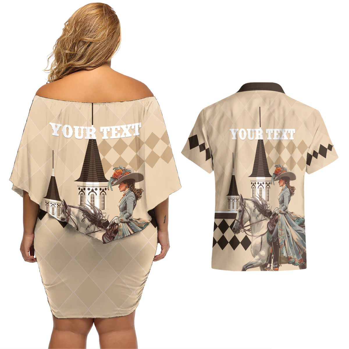 Personalized Kentucky Horse Racing Couples Matching Off Shoulder Short Dress and Hawaiian Shirt Derby Lady Riding Horse Twin Spires - Wonder Print Shop