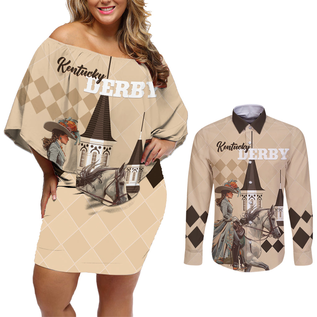 Personalized Kentucky Horse Racing Couples Matching Off Shoulder Short Dress and Long Sleeve Button Shirt Derby Lady Riding Horse Twin Spires - Wonder Print Shop