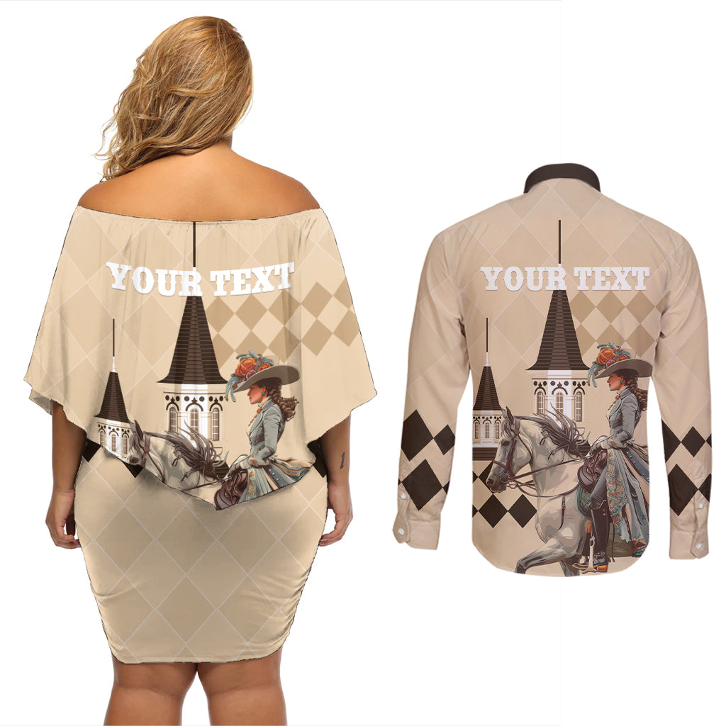 Personalized Kentucky Horse Racing Couples Matching Off Shoulder Short Dress and Long Sleeve Button Shirt Derby Lady Riding Horse Twin Spires - Wonder Print Shop