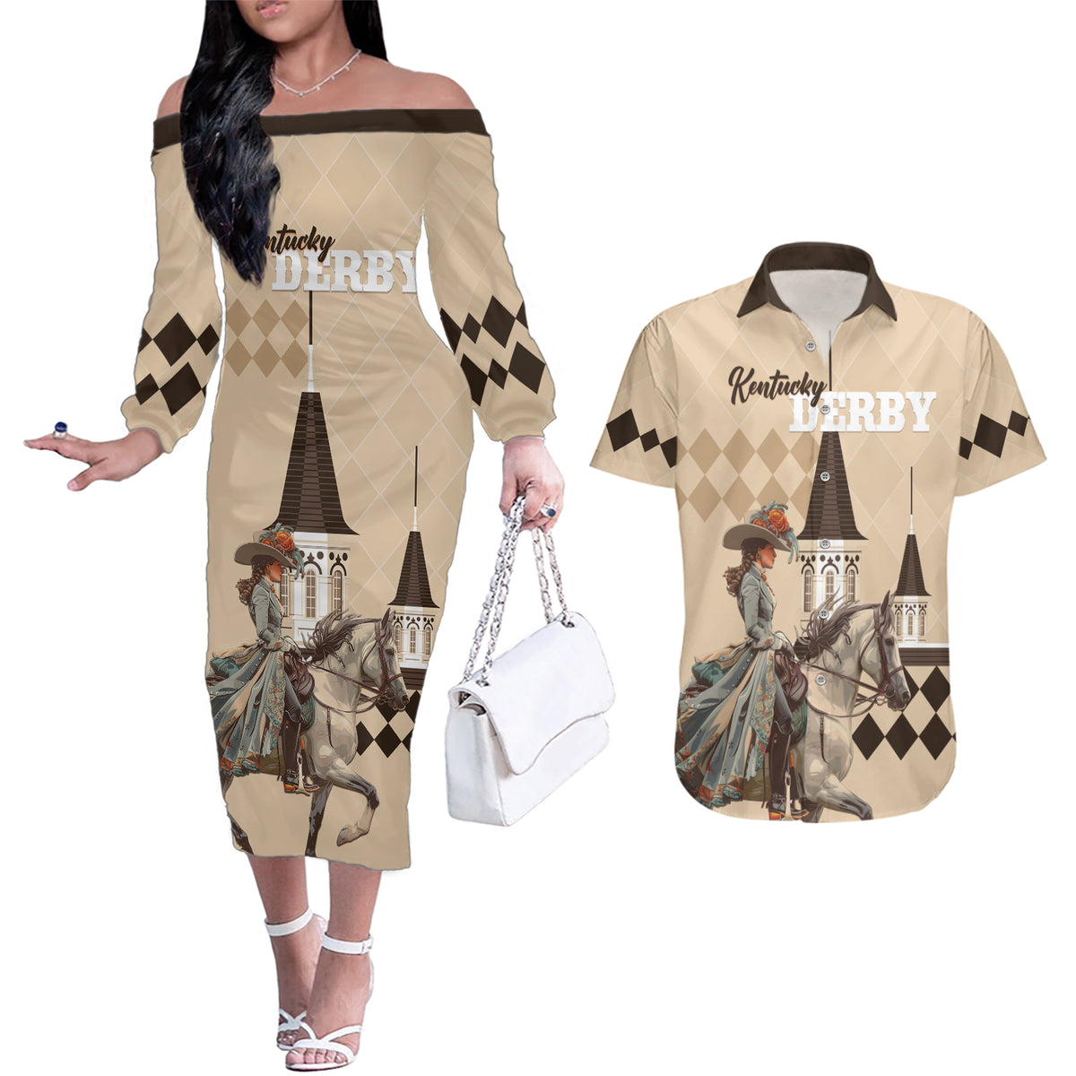Personalized Kentucky Horse Racing Couples Matching Off The Shoulder Long Sleeve Dress and Hawaiian Shirt Derby Lady Riding Horse Twin Spires - Wonder Print Shop