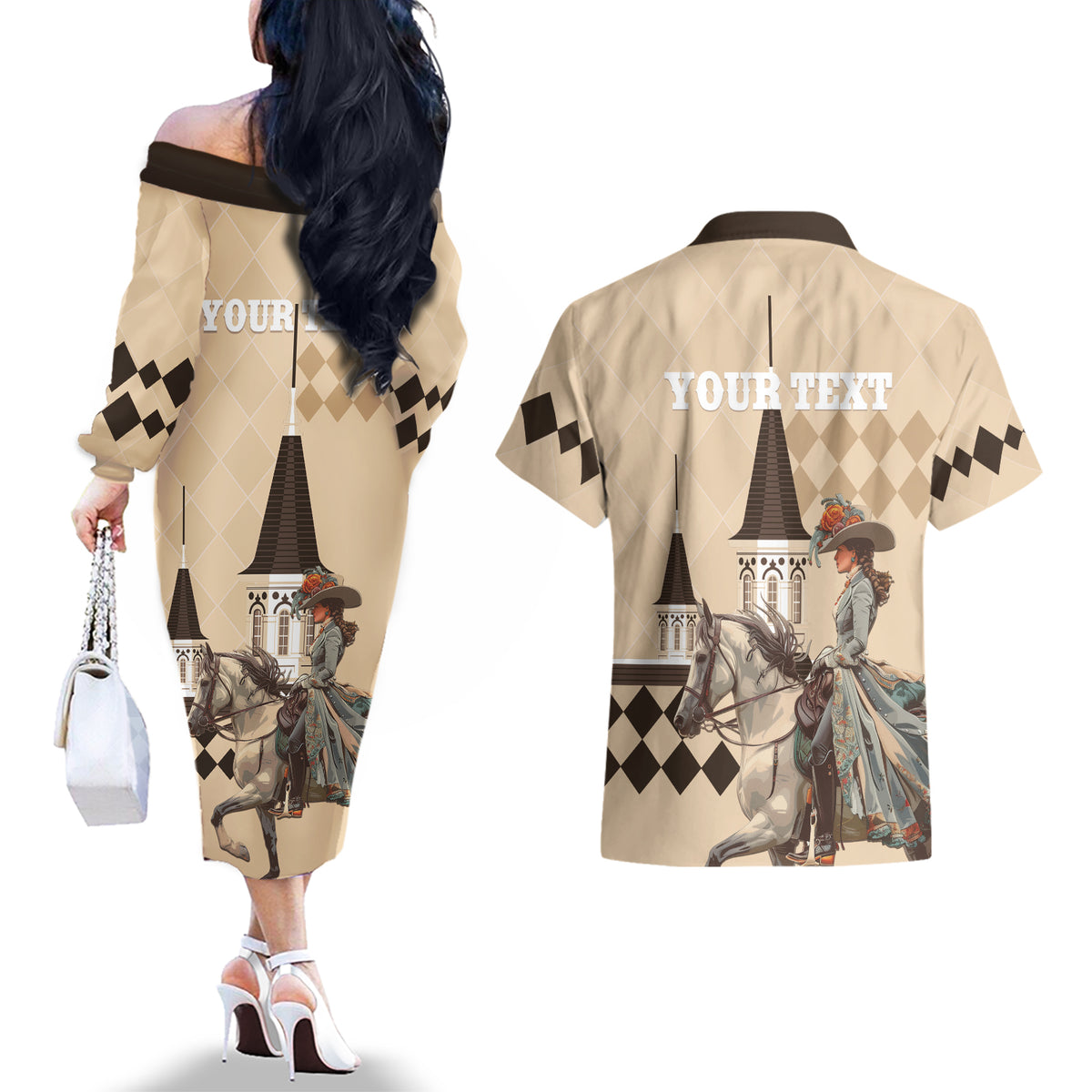 Personalized Kentucky Horse Racing Couples Matching Off The Shoulder Long Sleeve Dress and Hawaiian Shirt Derby Lady Riding Horse Twin Spires - Wonder Print Shop