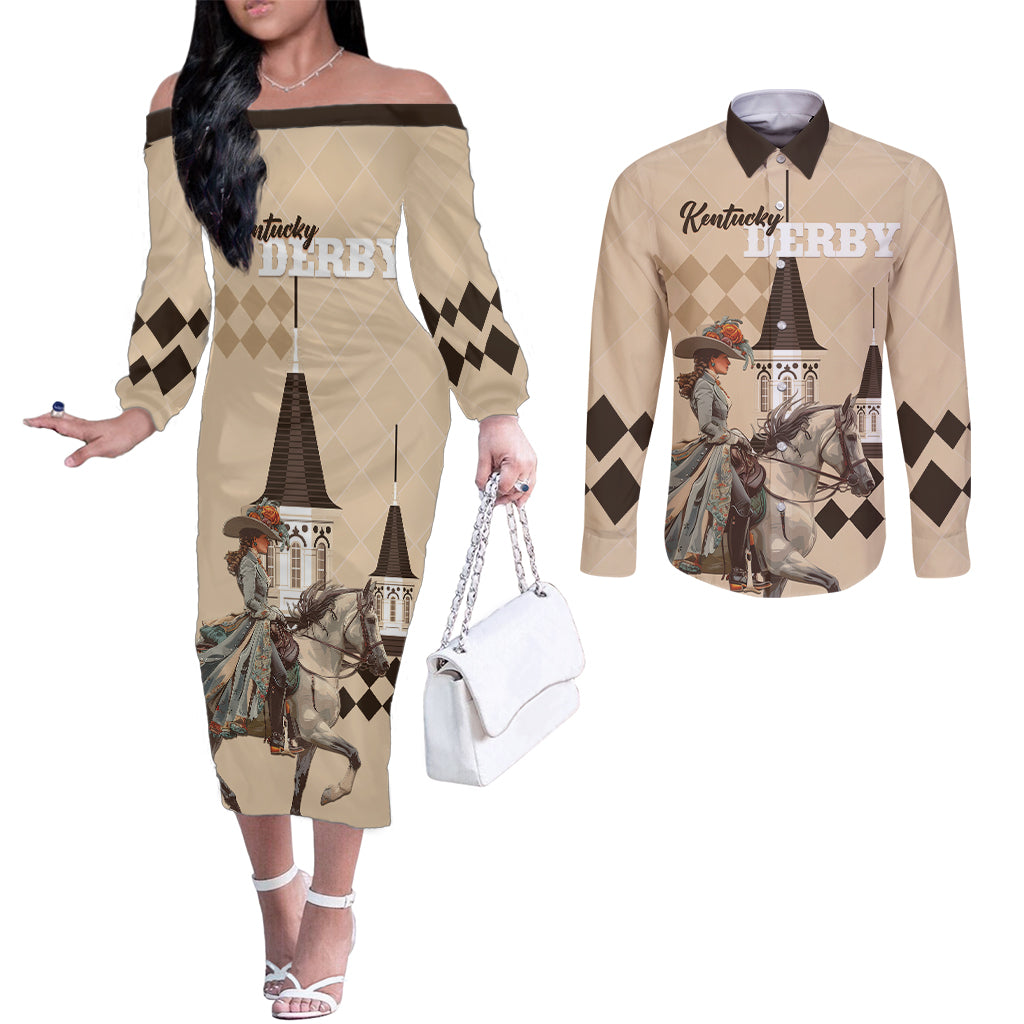 Personalized Kentucky Horse Racing Couples Matching Off The Shoulder Long Sleeve Dress and Long Sleeve Button Shirt Derby Lady Riding Horse Twin Spires LT01