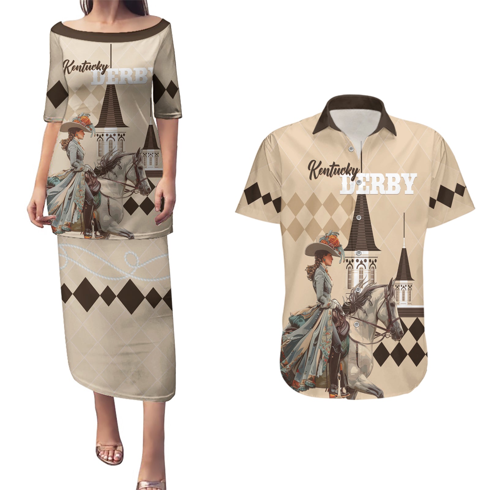 Personalized Kentucky Horse Racing Couples Matching Puletasi and Hawaiian Shirt Derby Lady Riding Horse Twin Spires - Wonder Print Shop