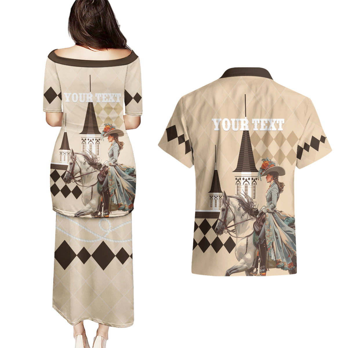 Personalized Kentucky Horse Racing Couples Matching Puletasi and Hawaiian Shirt Derby Lady Riding Horse Twin Spires - Wonder Print Shop