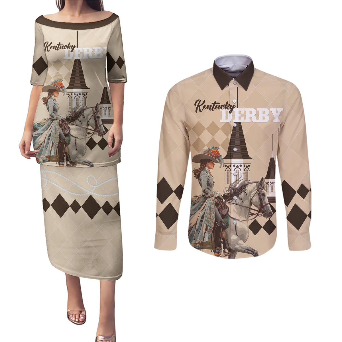 Personalized Kentucky Horse Racing Couples Matching Puletasi and Long Sleeve Button Shirt Derby Lady Riding Horse Twin Spires - Wonder Print Shop