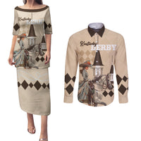 Personalized Kentucky Horse Racing Couples Matching Puletasi and Long Sleeve Button Shirt Derby Lady Riding Horse Twin Spires - Wonder Print Shop