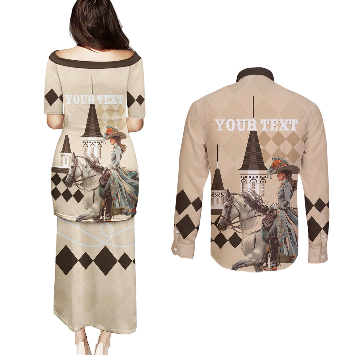 Personalized Kentucky Horse Racing Couples Matching Puletasi and Long Sleeve Button Shirt Derby Lady Riding Horse Twin Spires - Wonder Print Shop