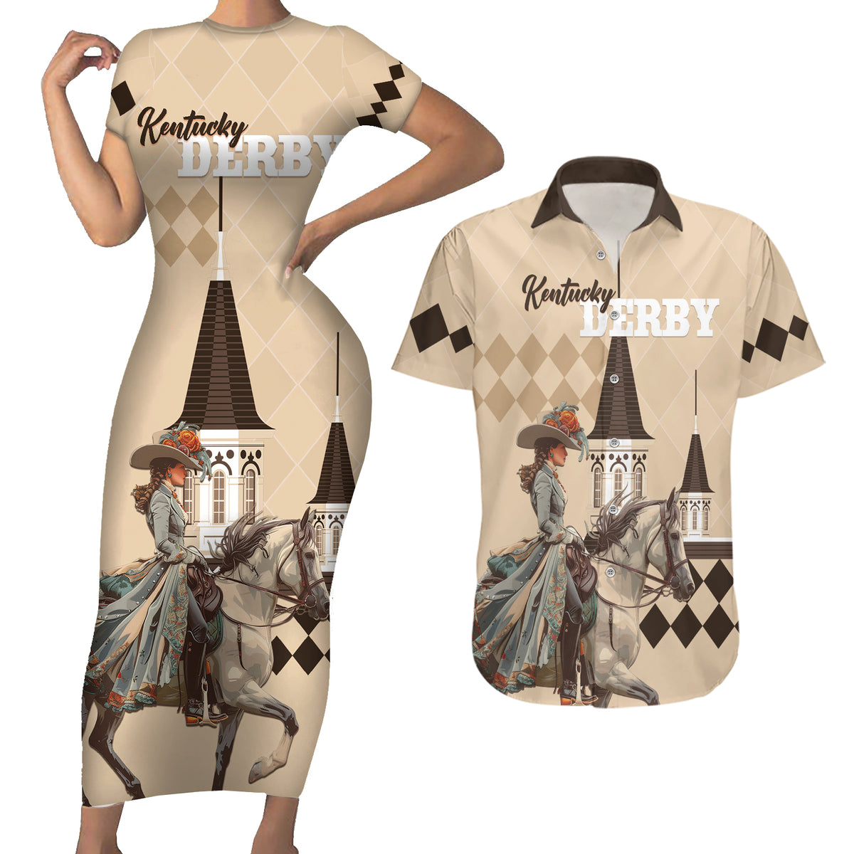 Personalized Kentucky Horse Racing Couples Matching Short Sleeve Bodycon Dress and Hawaiian Shirt Derby Lady Riding Horse Twin Spires - Wonder Print Shop