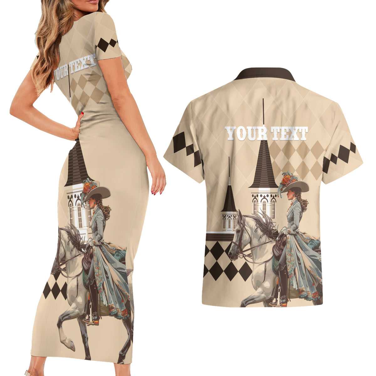 Personalized Kentucky Horse Racing Couples Matching Short Sleeve Bodycon Dress and Hawaiian Shirt Derby Lady Riding Horse Twin Spires - Wonder Print Shop