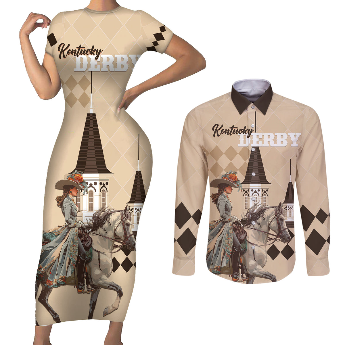 Personalized Kentucky Horse Racing Couples Matching Short Sleeve Bodycon Dress and Long Sleeve Button Shirt Derby Lady Riding Horse Twin Spires - Wonder Print Shop