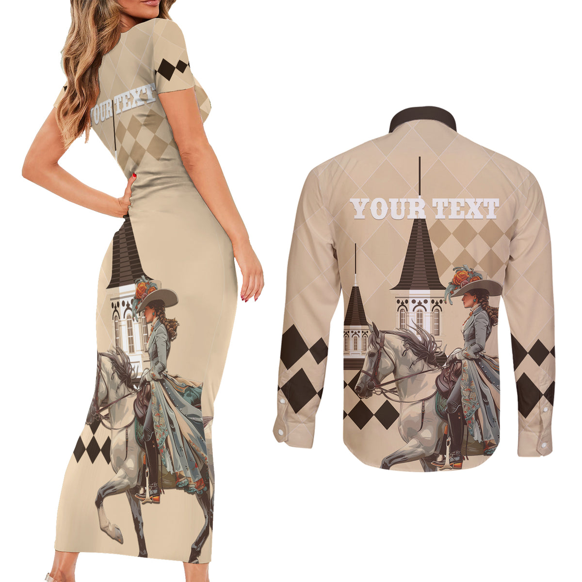 Personalized Kentucky Horse Racing Couples Matching Short Sleeve Bodycon Dress and Long Sleeve Button Shirt Derby Lady Riding Horse Twin Spires - Wonder Print Shop
