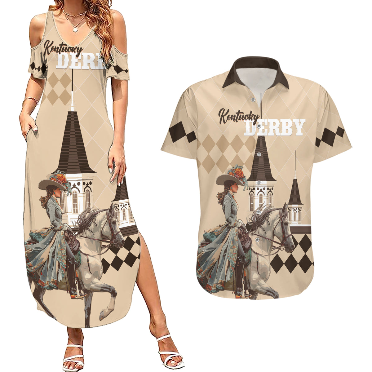 Personalized Kentucky Horse Racing Couples Matching Summer Maxi Dress and Hawaiian Shirt Derby Lady Riding Horse Twin Spires - Wonder Print Shop