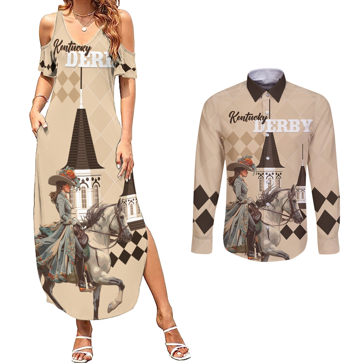 Personalized Kentucky Horse Racing Couples Matching Summer Maxi Dress and Long Sleeve Button Shirt Derby Lady Riding Horse Twin Spires - Wonder Print Shop