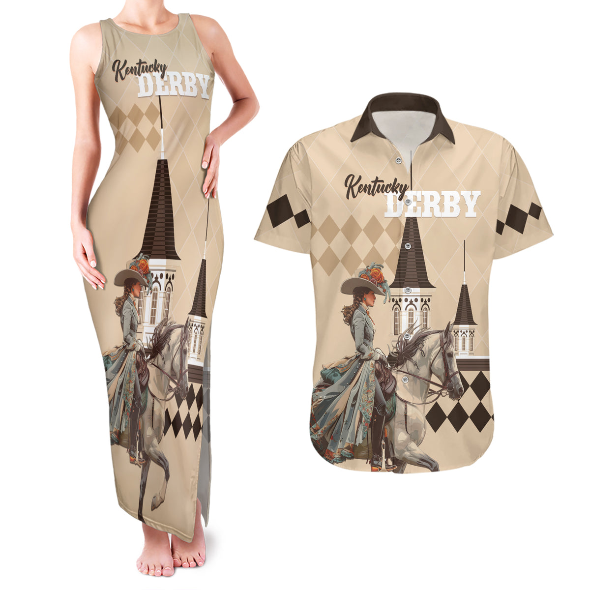 Personalized Kentucky Horse Racing Couples Matching Tank Maxi Dress and Hawaiian Shirt Derby Lady Riding Horse Twin Spires - Wonder Print Shop