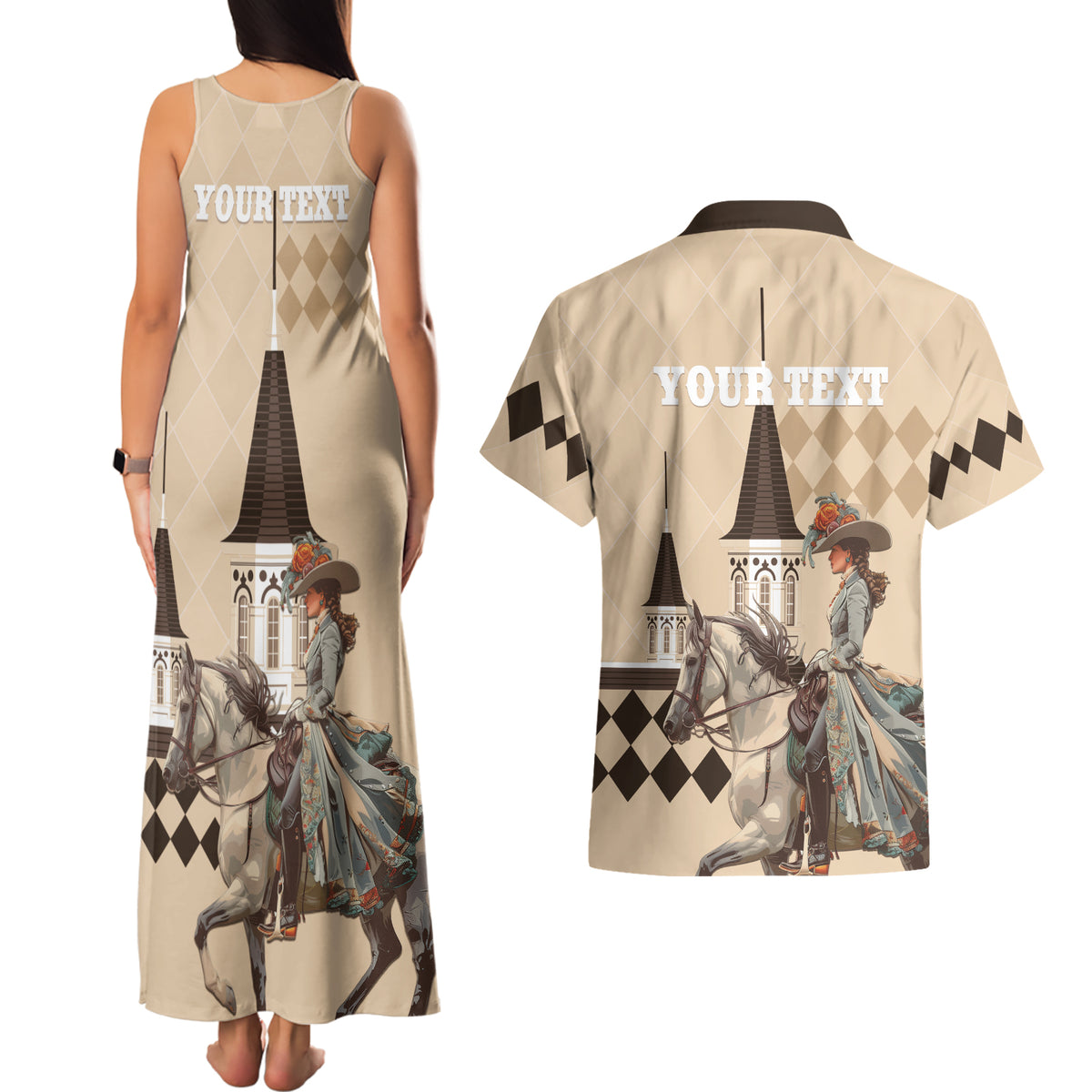 Personalized Kentucky Horse Racing Couples Matching Tank Maxi Dress and Hawaiian Shirt Derby Lady Riding Horse Twin Spires - Wonder Print Shop