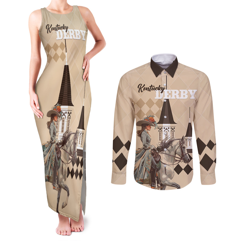 Personalized Kentucky Horse Racing Couples Matching Tank Maxi Dress and Long Sleeve Button Shirt Derby Lady Riding Horse Twin Spires - Wonder Print Shop