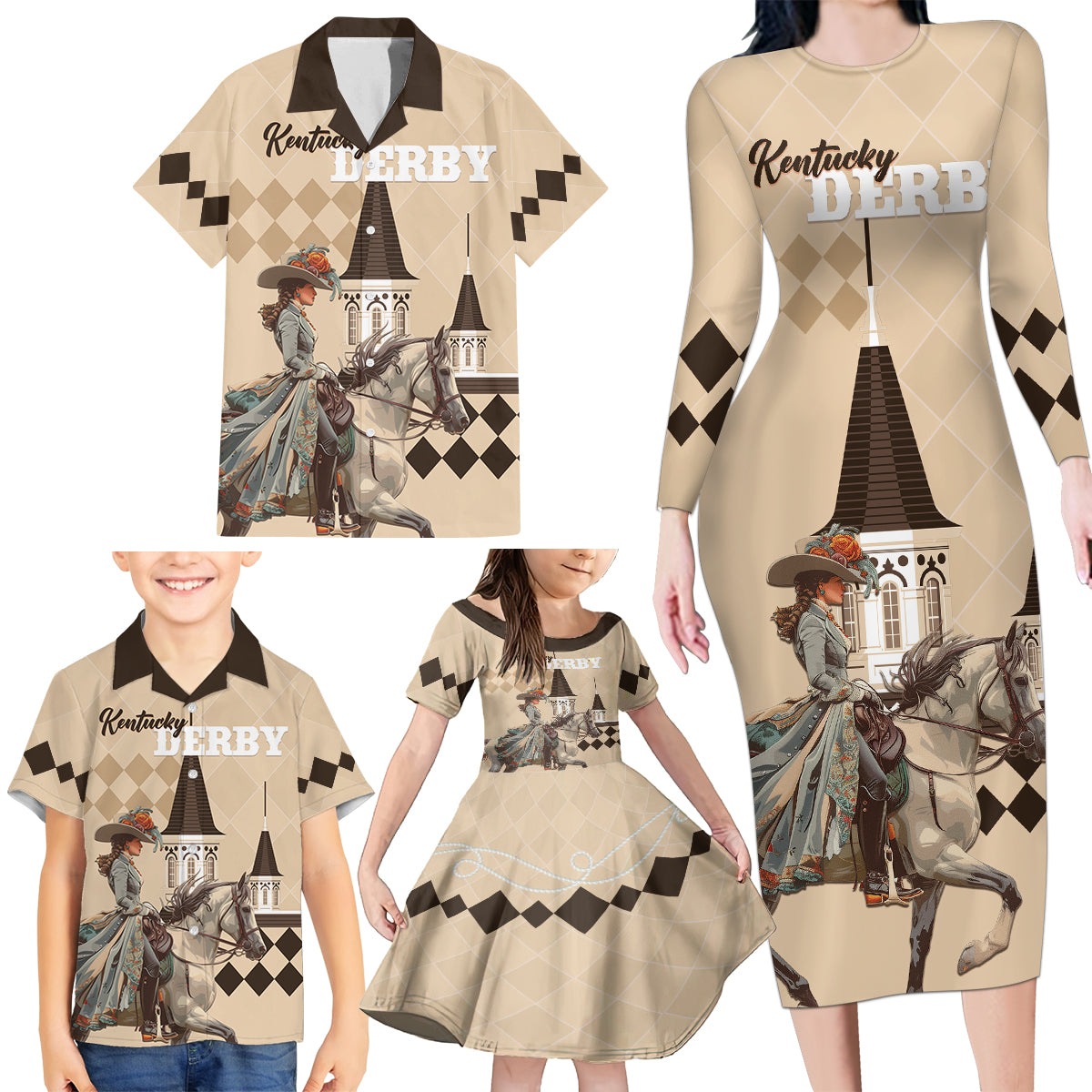 Personalized Kentucky Horse Racing Family Matching Long Sleeve Bodycon Dress and Hawaiian Shirt Derby Lady Riding Horse Twin Spires - Wonder Print Shop