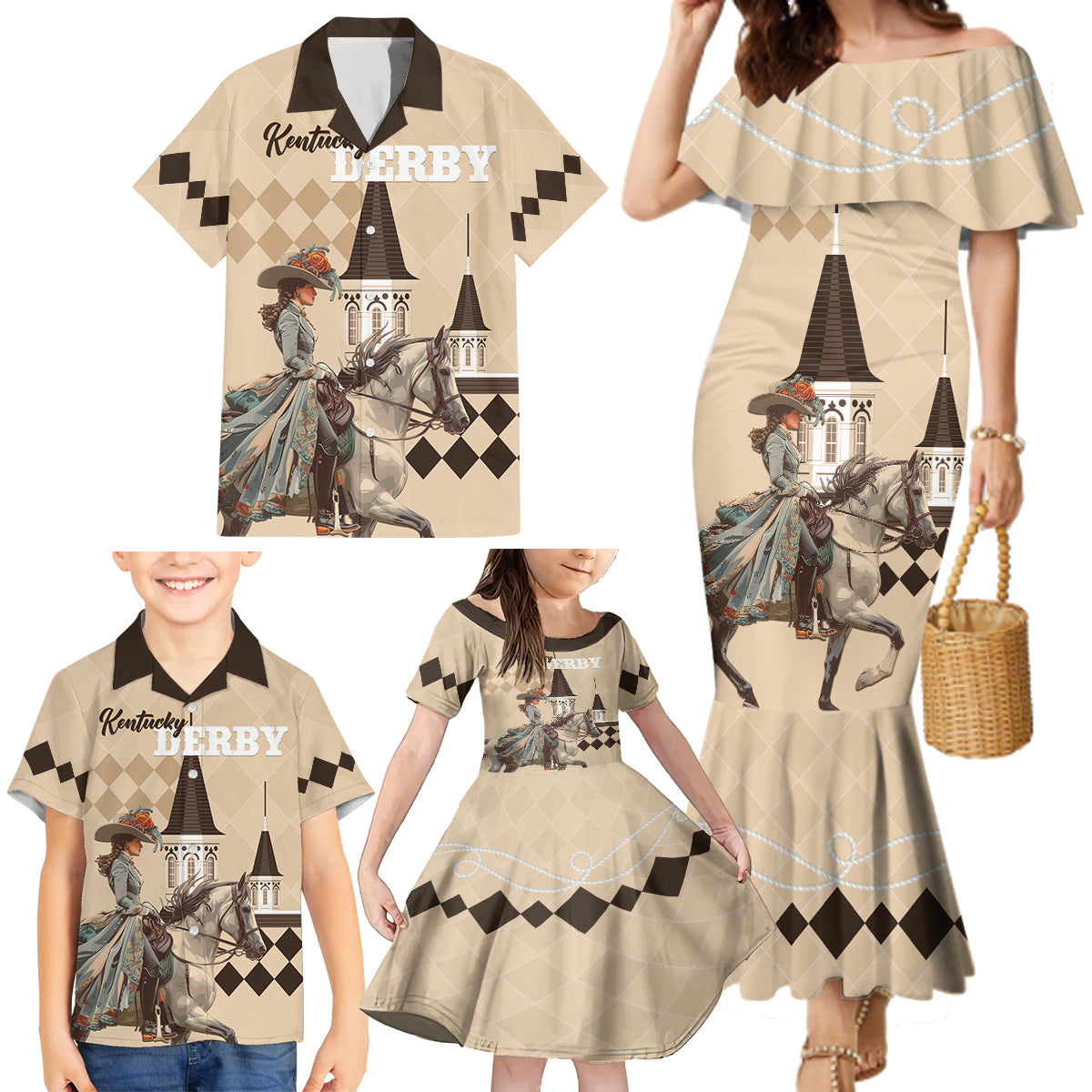 Personalized Kentucky Horse Racing Family Matching Mermaid Dress and Hawaiian Shirt Derby Lady Riding Horse Twin Spires - Wonder Print Shop