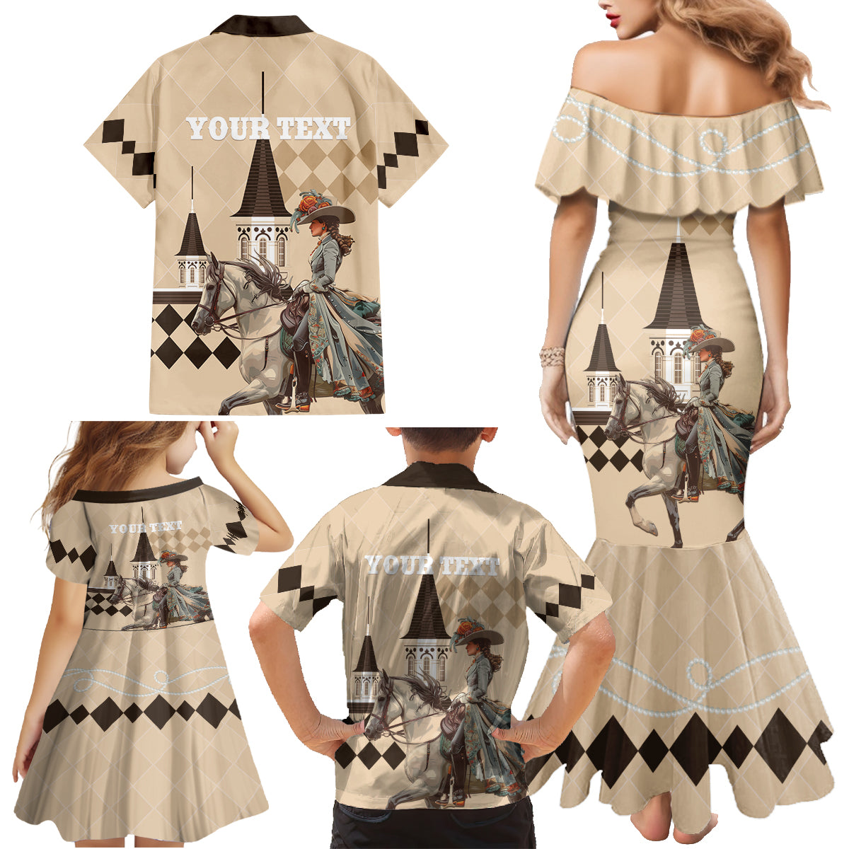 Personalized Kentucky Horse Racing Family Matching Mermaid Dress and Hawaiian Shirt Derby Lady Riding Horse Twin Spires - Wonder Print Shop