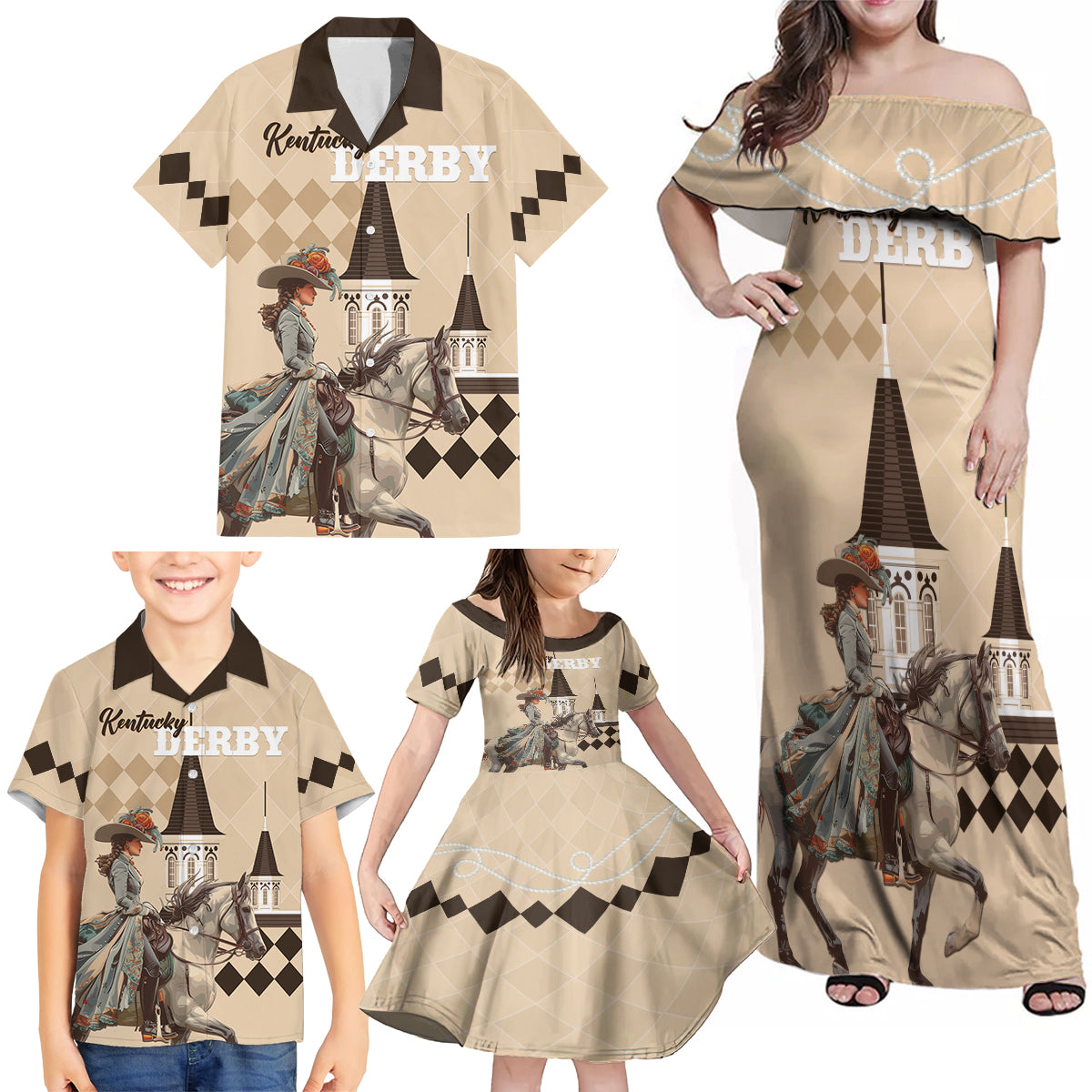 Personalized Kentucky Horse Racing Family Matching Off Shoulder Maxi Dress and Hawaiian Shirt Derby Lady Riding Horse Twin Spires - Wonder Print Shop